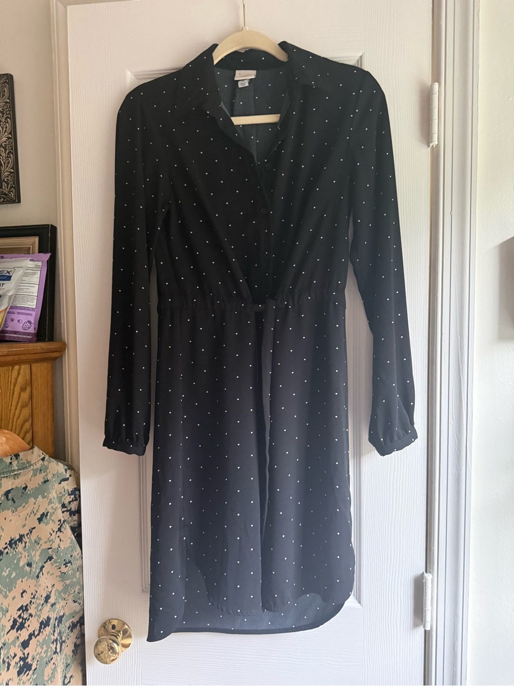 a new day Black Long-Sleeve Polka Dot Shirt Dress